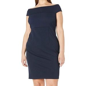 Adrianna Papell Off Shoulder Fitted Dress 16W Navy
